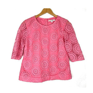 Boden Pink Floral Crochet Appliqué Overlay Button Back Blouse size 12
